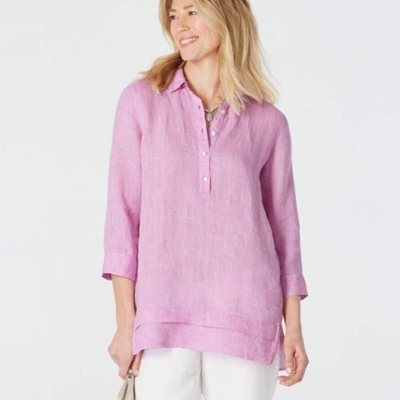 J. Jill Love Lilac Linen Tiered Tunic 3/4 Button Shirt - Picture 2 of 12